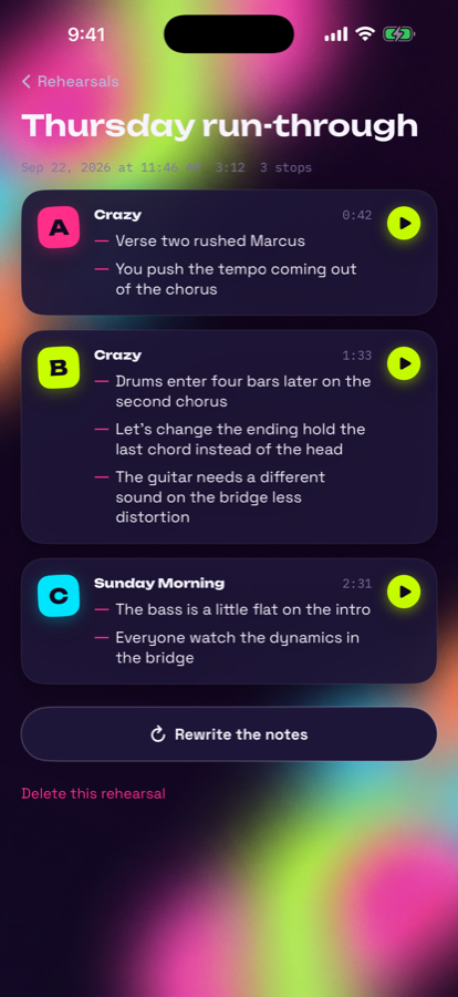 A rehearsal with stops A, B, C and the notes under each